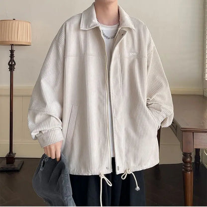 saferido Spring Fashion Men's Casual T-Shirt Loose Soft Versatile Tops Zipper Corduroy Jacket Coat Cool Boys Solid Printi Drawstring