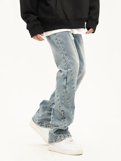 Spliced Flared Pants Mens Washed Distressed Denim Pants Autumn Winter Streetwear Casual Jeans Men Men Clothing