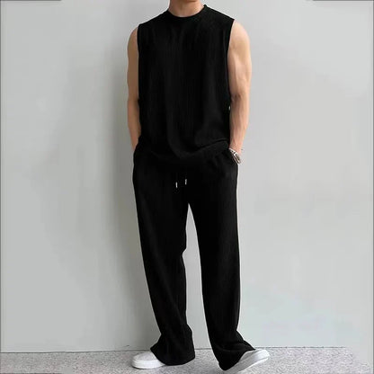 Fashion Solid Two Piece Suits Men‘s O-Neck Sleeveless Tops And Pants Outfits Men Summer New Casual Simplicity Solid Rib Sets