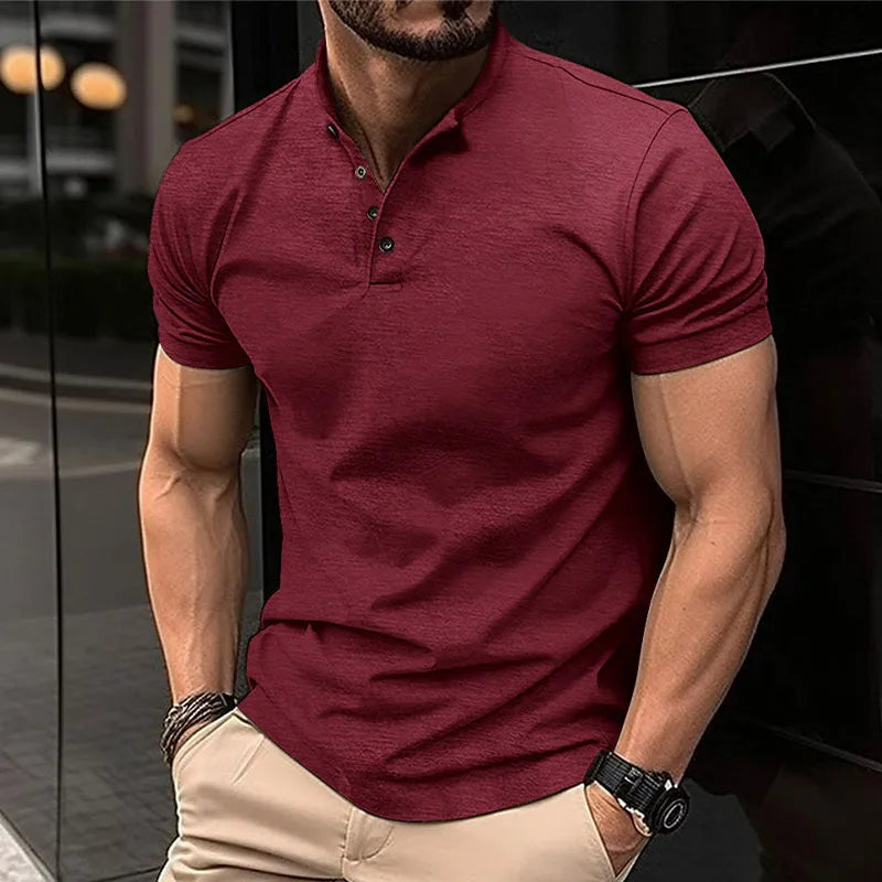 Solid Stand Collar Short Sleeve Men's Shirts Fashion Handsome Business Shirt Men Clothing Summer Casual Button Fit Gym Male