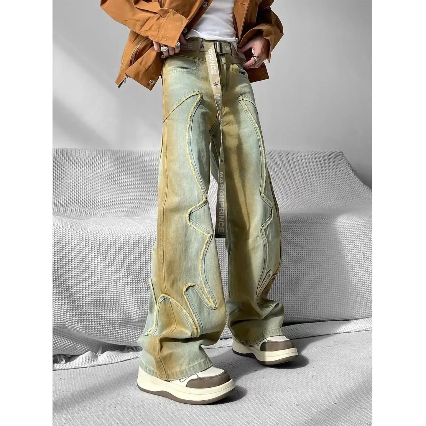 saferido Spring Autumn American High Street Retro Loose Wash To Do Old Jeans Men Women Vertical Slimming Pants Trend Jeans