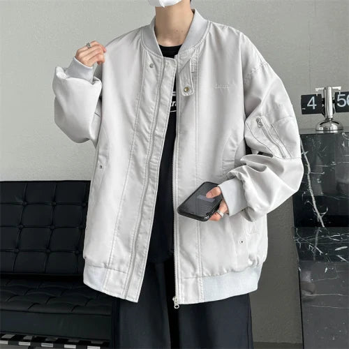 New American Simple Solid Color Zipper Bomber Jacket Men Autumn Retro Street Loose Motorcycle Jacket Baseball Uniform Coat