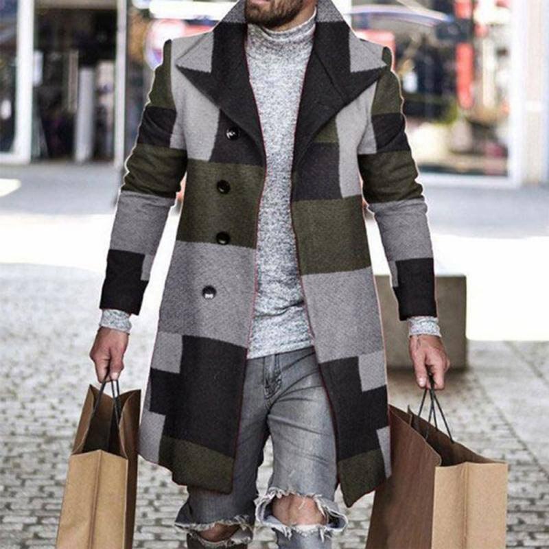 Winter Thick Fleece Coat For Men Vintage Striped Print Loose Long Sleeve Turn-down Collar Buttoned Trench Mens Fashion Overcoats