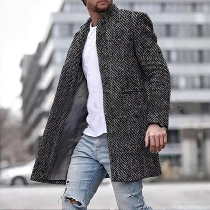 Winter Thick Fleece Coat For Men Vintage Striped Print Loose Long Sleeve Turn-down Collar Buttoned Trench Mens Fashion Overcoats