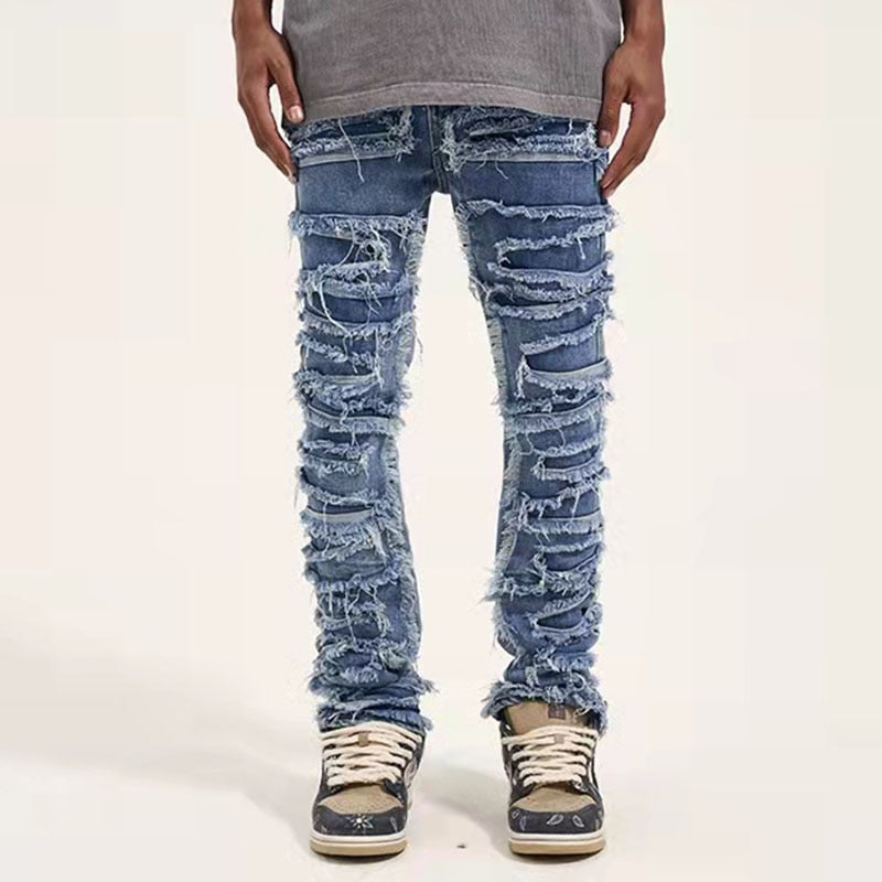 Retro Hole Ripped Distressed Jeans for Men Straight Washed Harajuku Hip Hop Loose Denim Trousers Vibe Style Casual Jean Pants