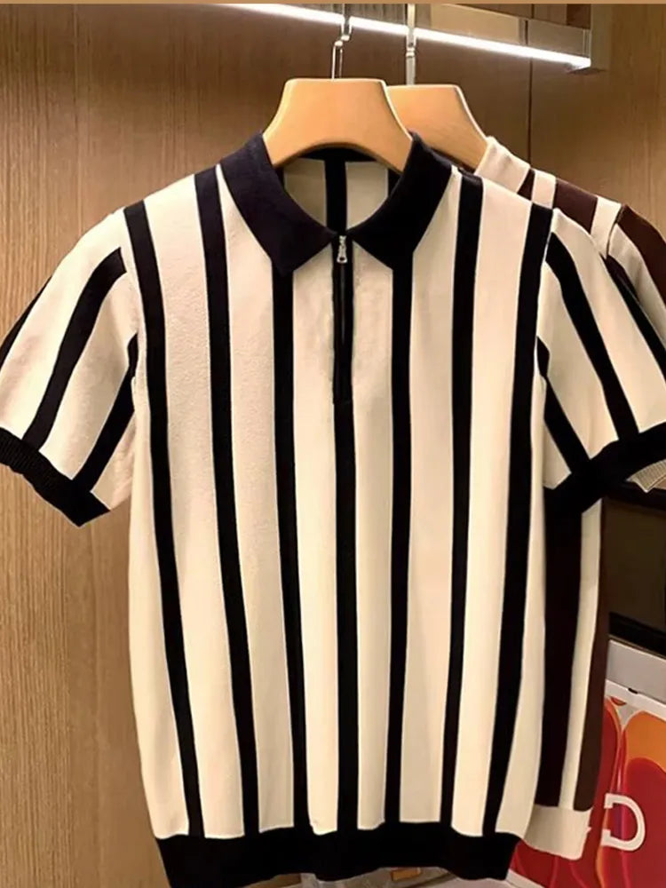 Striped Zipper Short Sleeve T-shirts For Men Casual Turndown Collar Shirts Male Summer Fashion Comfortable Soft Men's Clothing