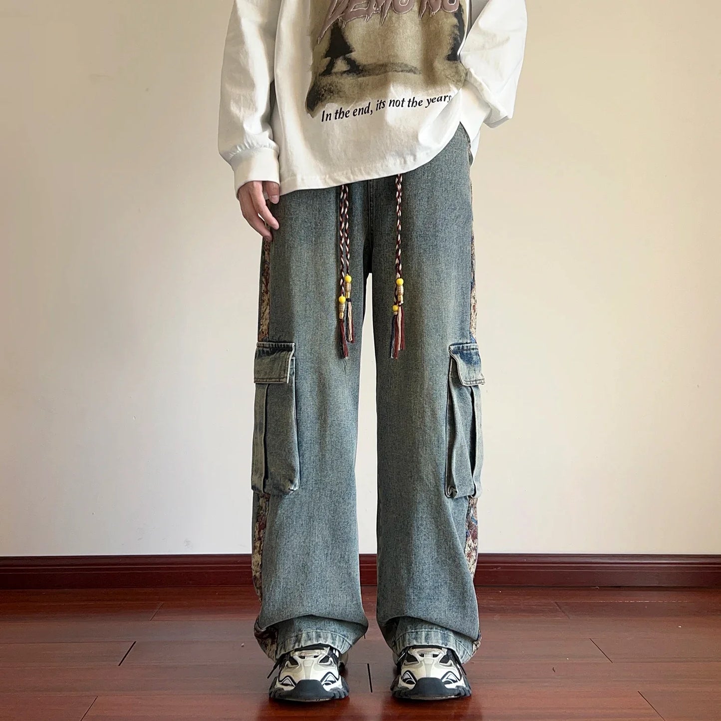 saferido Spring New Men's Patchwork Cargo Jeans Oversized Wide Leg Trousers Men Big Pockets Hip Hop Streetwear Fashion Blue Denim Pants