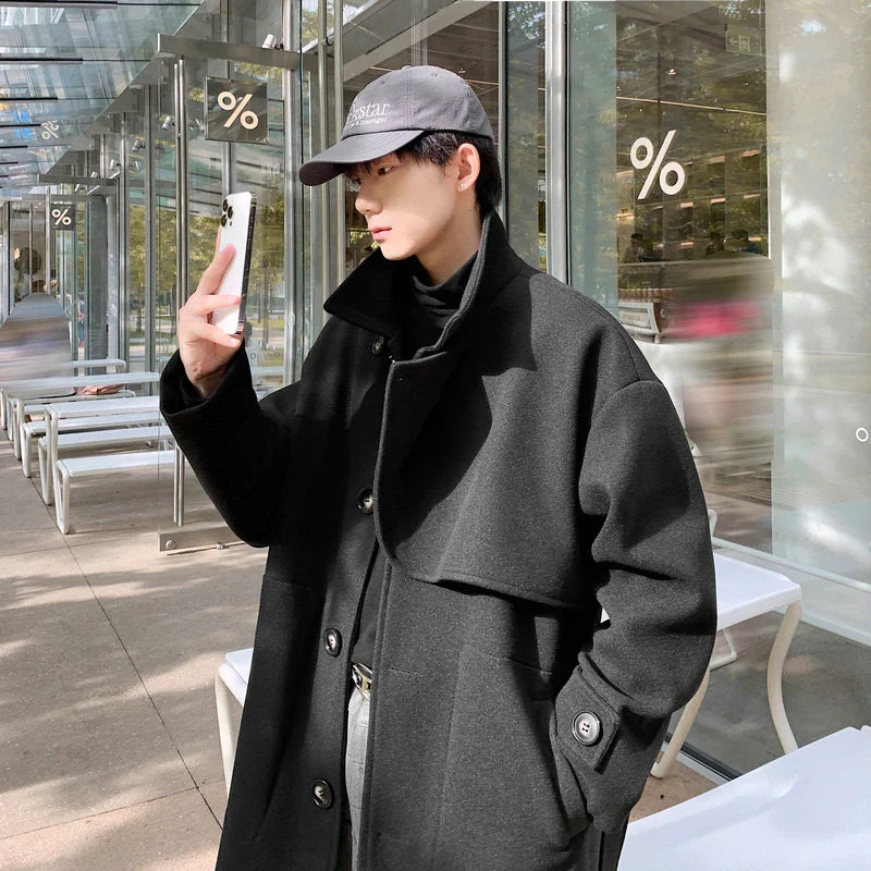 saferido Harajuku Streetwear Men Windbreaker Warm Casual Vintage Jackets Coats Winter Korean Fashion Woolen Long Trench Coat