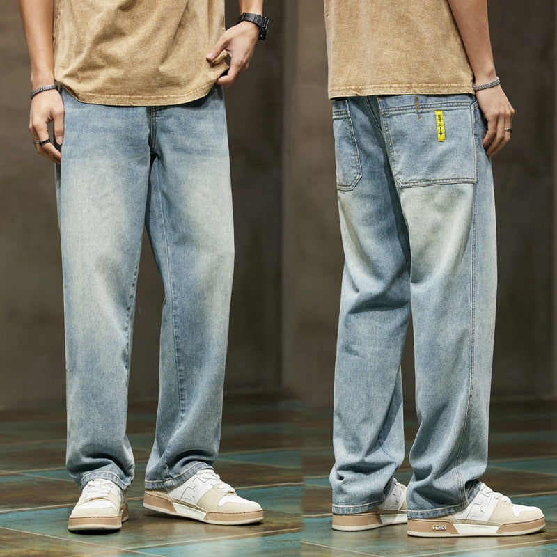 Wide Leg Jeans Men Baggy Pants Summer Straight Cut Loose Retro Blue Denim Pants Streetwear Fashion Pockets Vintage Man Clothes