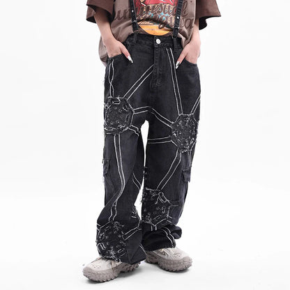 saferido Oversized Hip Hop Wide Leg Jeans Men Y2k Punk Graphic Straight-leg Loose Trousers Black Cool Rap High Street Baggy Denim Pants