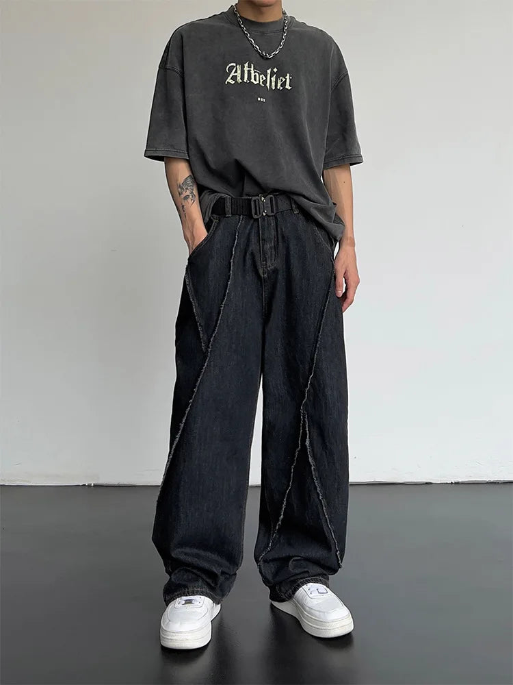 saferido 2024 Men HipHop Distressed Jeans Pants Men Ripped Patchwork Denim Pants Male Oversized Loose Casual Streetwear Wide Leg Trousers