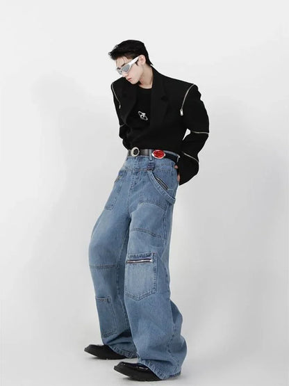 saferido Baggy Cargo Jeans Men Denim Wide Leg Trousers Male Oversize Casual Streetwear Hip Hop Pocket Zipper Safari Style