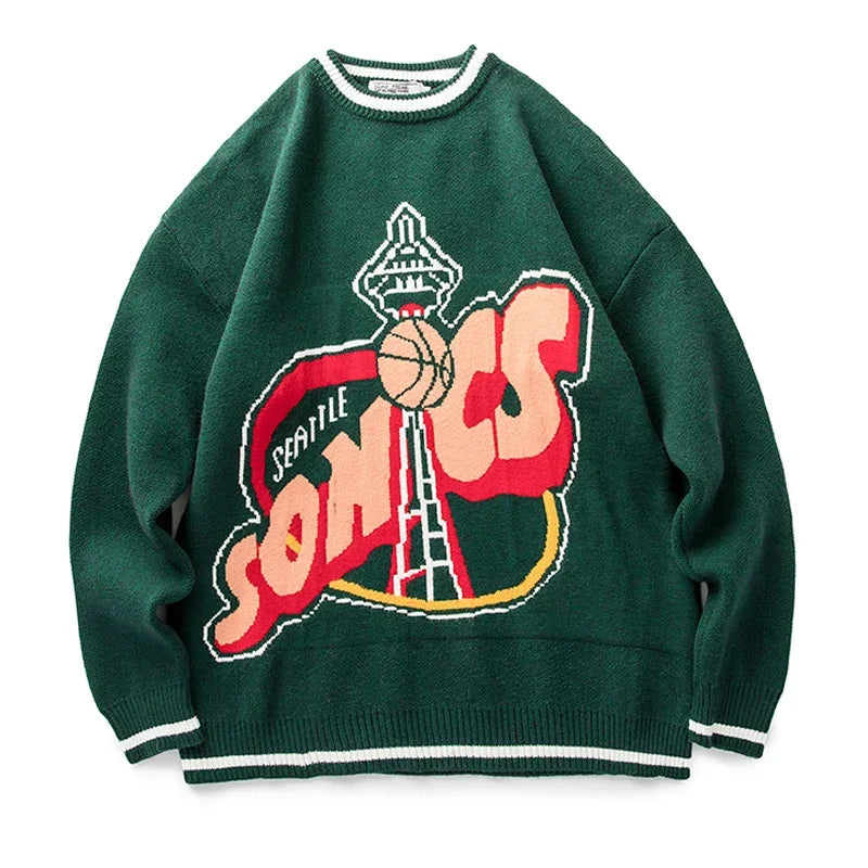 Vintage Knitted Sweater Men Green Letter Print Striped Pullover Women Harajuku College Style Jumpers Streetwear Spring Autumn