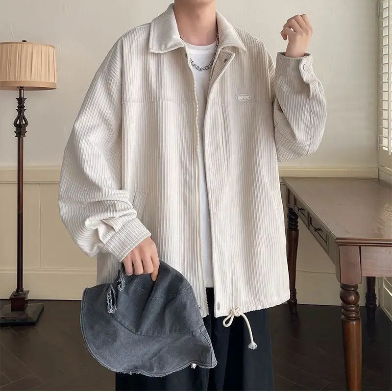 saferido Spring Fashion Men's Casual T-Shirt Loose Soft Versatile Tops Zipper Corduroy Jacket Coat Cool Boys Solid Printi Drawstring