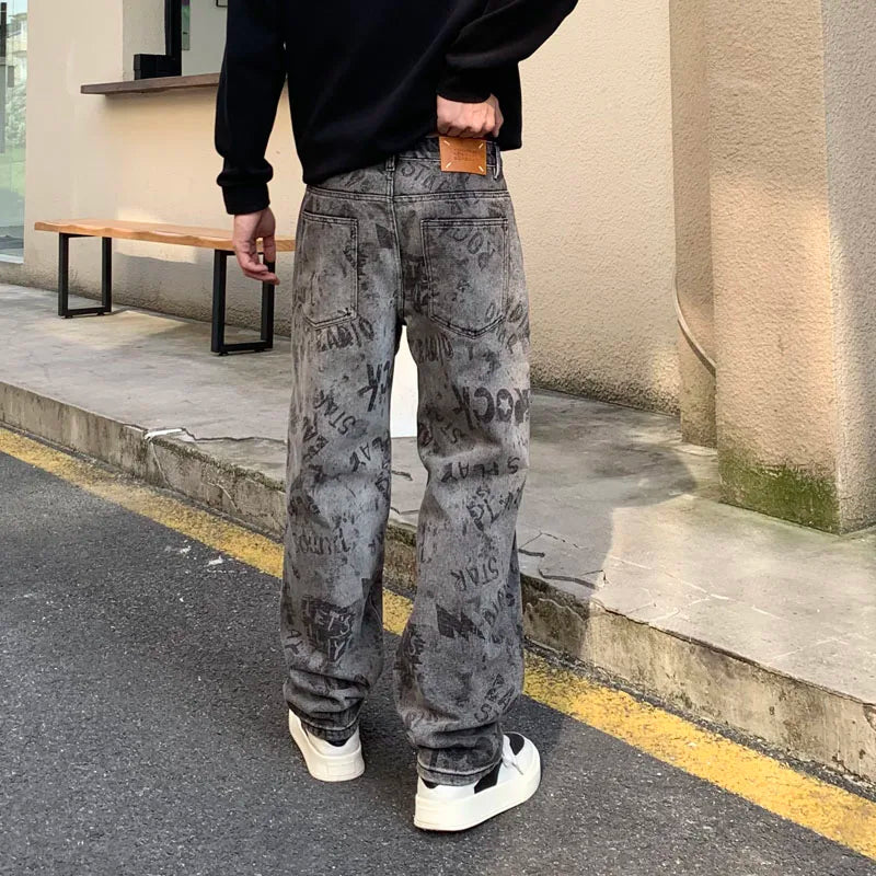 saferido High Quality New Grey Jeans Men Graphic Printed Y2k Denim Trousers Hip Pop Rock Straight Fit Male's Pants