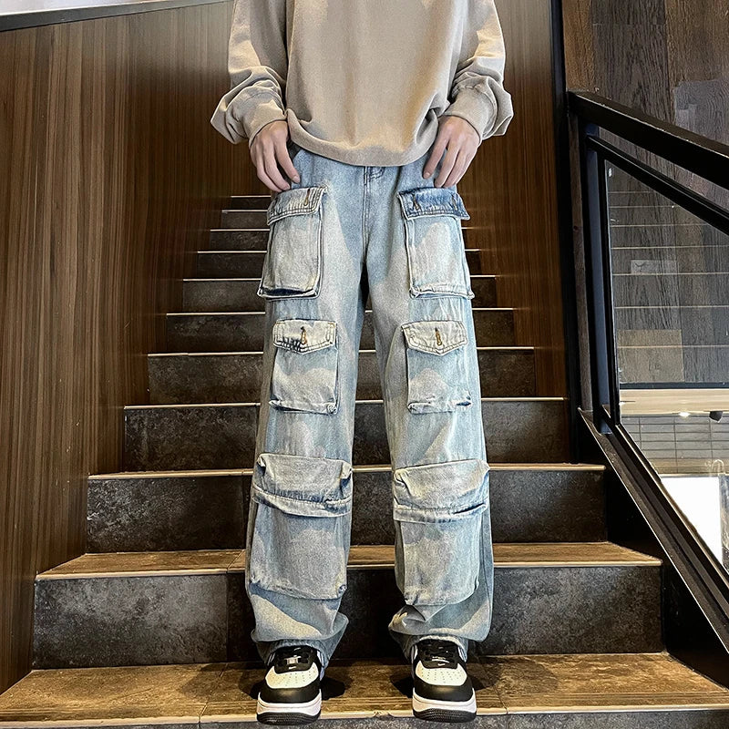 saferido Harajuku Muti-pockets Cargo Jeans Men's Washed Patchwork Straight Casual Trousers Couple Streetwear Loose Fashion Pants