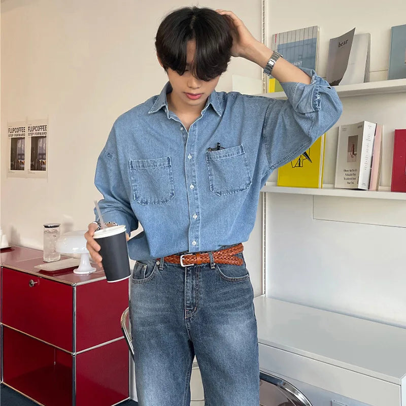 Spring Clothing Men's Denim Long-sleeved Pocket Shirt Casual Korean Turn down Button Streetwear Luxury Big Size Stylish