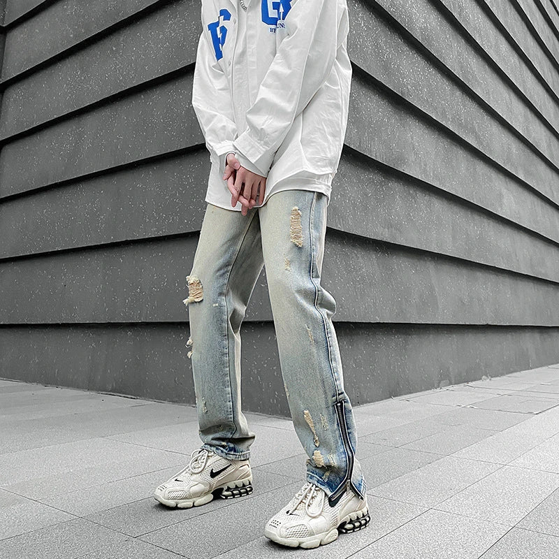 saferido Hole Ripped Washed Vintage Men Hip Hop Jeans Trousers West Ankle Zipper Punk Distressed Male Denim Pants