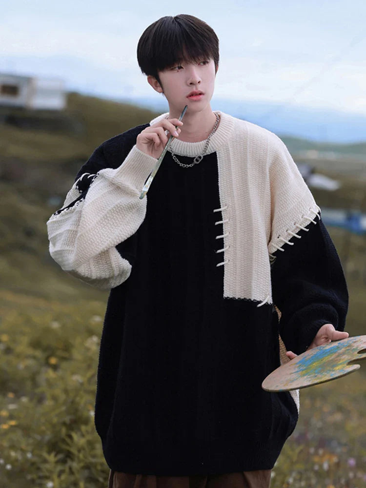 saferido  Knitted Sweater Men Pullover Oversize Sweaters Male Winter Harajuku Casual Streetwear Patchwork Autumn Hip Hop Spliced