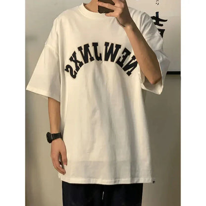 Summer Japanese 100% Cotton Short Sleeve T Shirt Men Heavy Retro Harajuku Letter Print Oversized T Shirt Top Streetwear