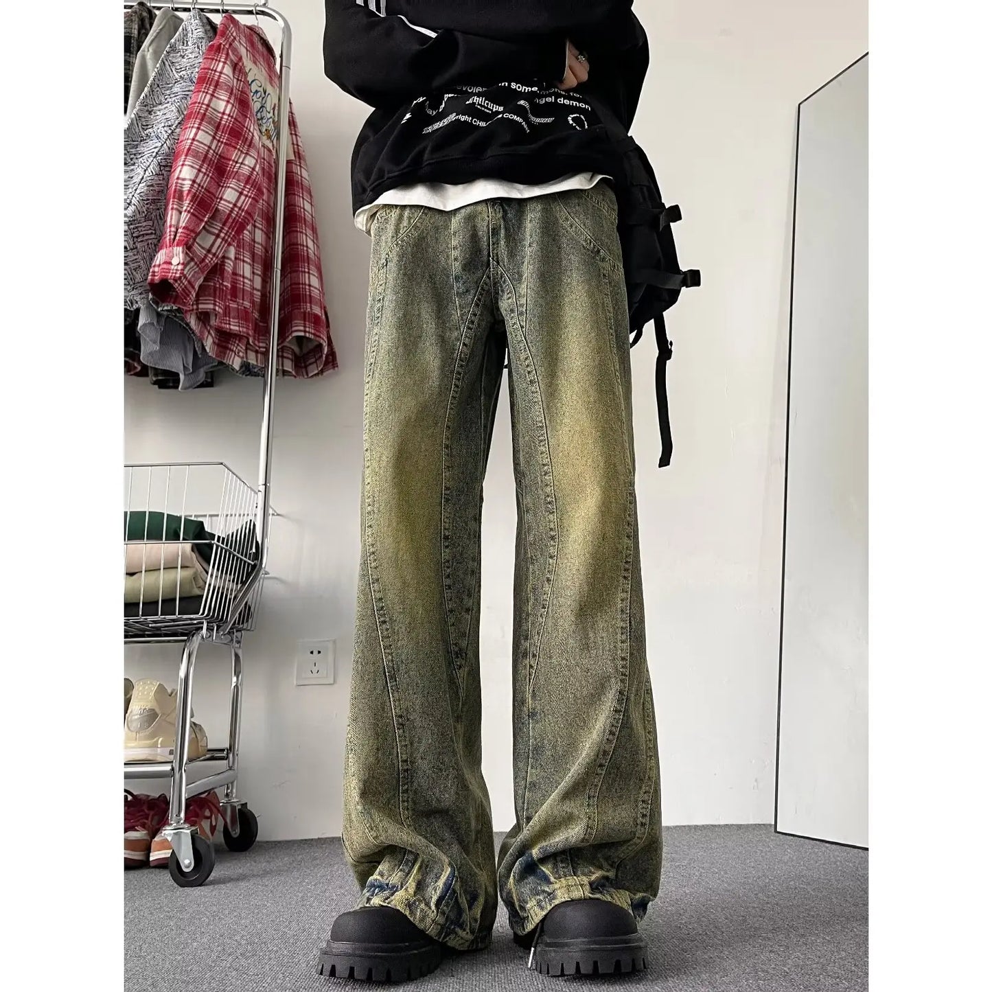 saferido Autumn New Jeans Men Wide Leg Jeans Male Vintage Loose Denim Pants Harajuku Yellow mud Mopping Trousers Streetwear Clothes