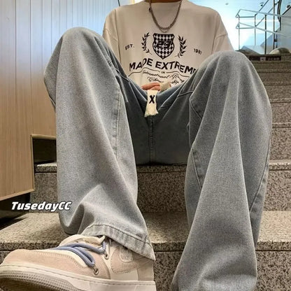 Streetwear Men's Baggy Jeans Pants Classic All-match Solid Color Straight-leg Denim Wide-leg Pants Male Y2k Casual Trousers