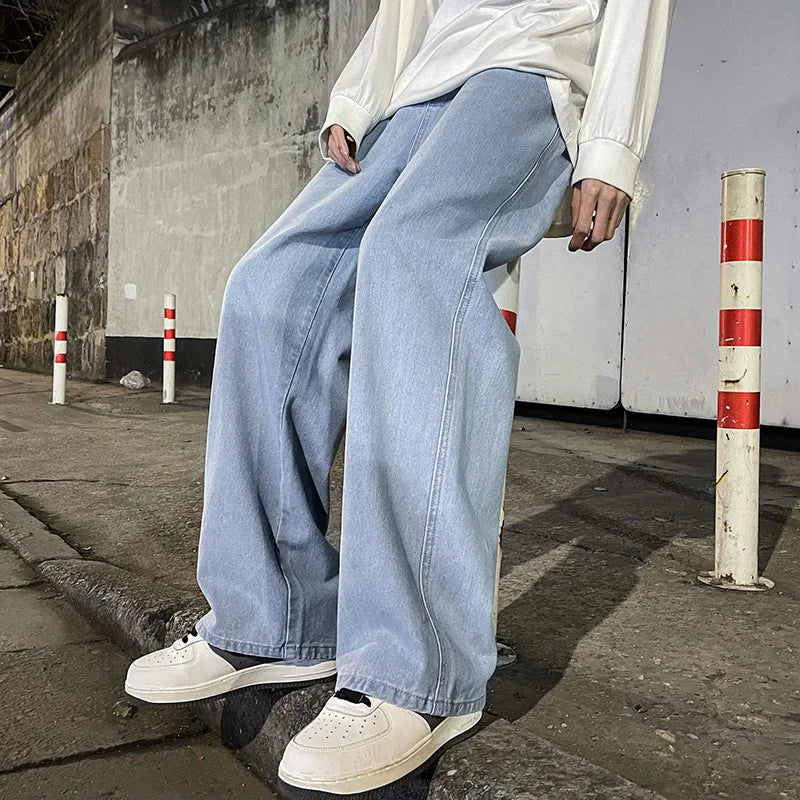 Korean Fashion Men's Baggy Jeans Elastic Waist  Classic olid Color Straight-leg Denim Wide-leg Pants Male Light Blue Grey Black