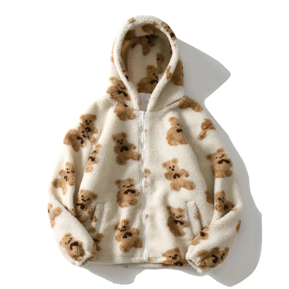 Fleece Hooded Jackets Streetwear Casual Harajuku Hip Hop Men Women Fashion Bear Print Full Zip Hooded Coat Tops Outwear