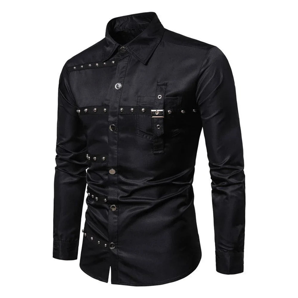 saferido Mens Punk Rivet Gothic Style Long Sleeve Shirt 2024 New Genderless Fashion Youth Individuality Retro Solid Color Shirt Unisex