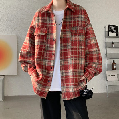 saferido Winter Short Woolen Coat Men Warm Oversized Retro Plaid Woolen Jacket Men Streetwear Korean Loose Thick Woolen Coat Mens Jackets