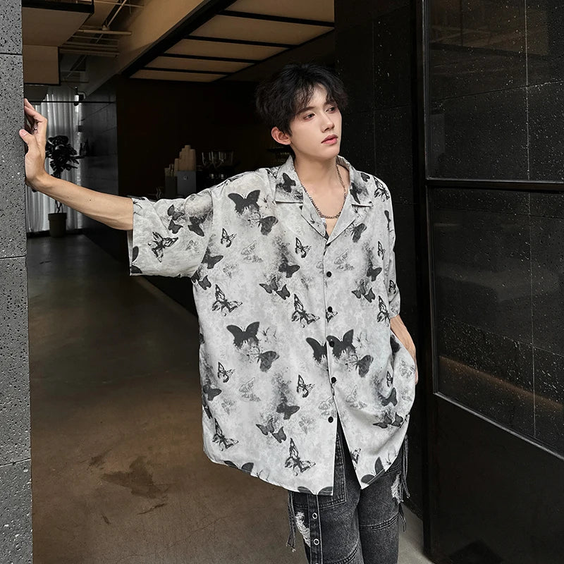 saferido Summer Butterfly Printed Tie-dye Shirt Men Windsor Collar Loose Casual Short Sleeve Shirts Oversize Streetwear Boy Girl Blouses