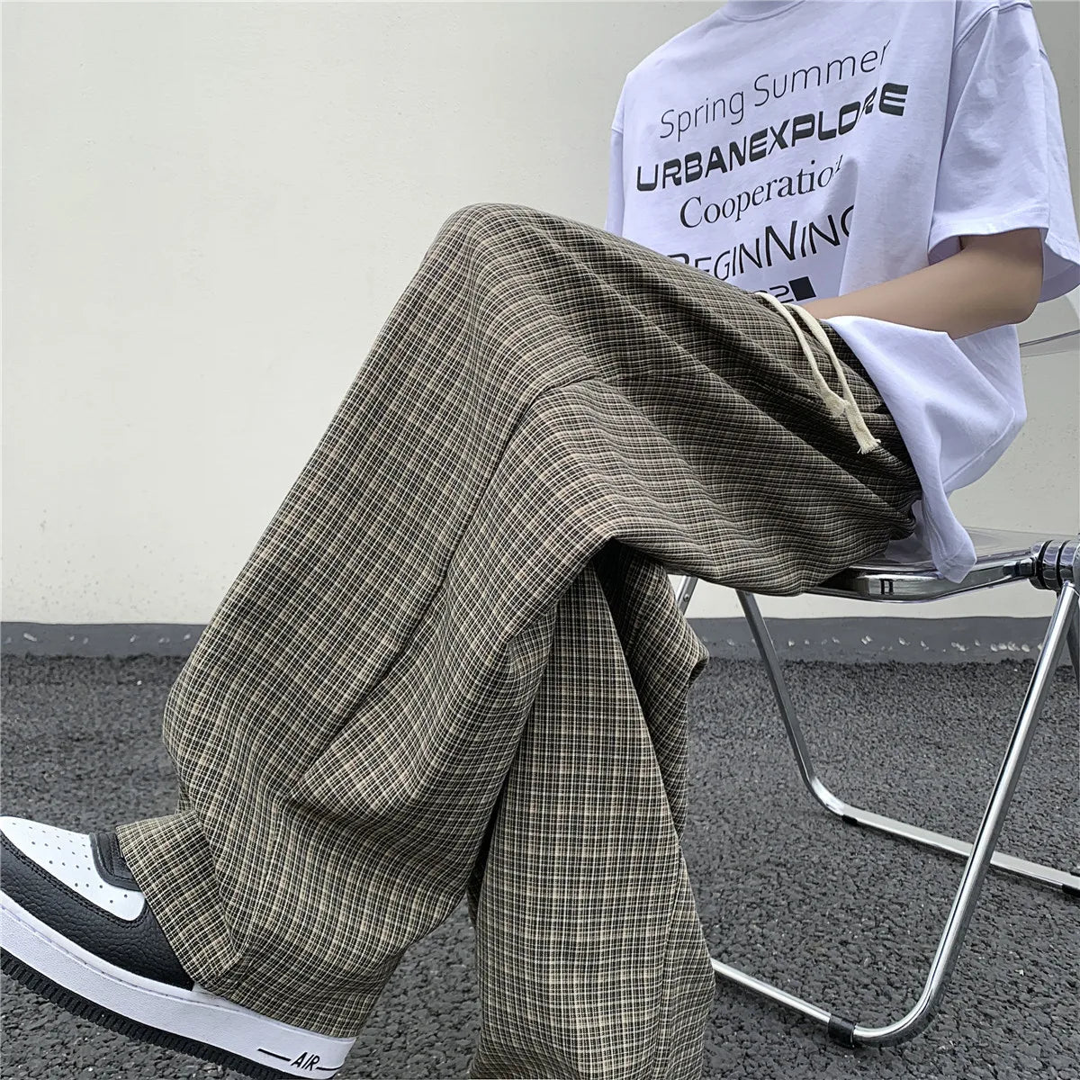 Summer/Autumn Plaid Pants Men Loose Casual Straight Trousers for Male/Female Harajuku Hip-hop Streetwear Wide-leg Mopping Pants