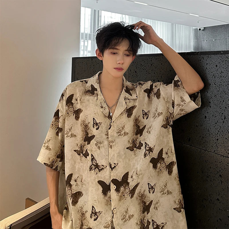 saferido Summer Butterfly Printed Tie-dye Shirt Men Windsor Collar Loose Casual Short Sleeve Shirts Oversize Streetwear Boy Girl Blouses