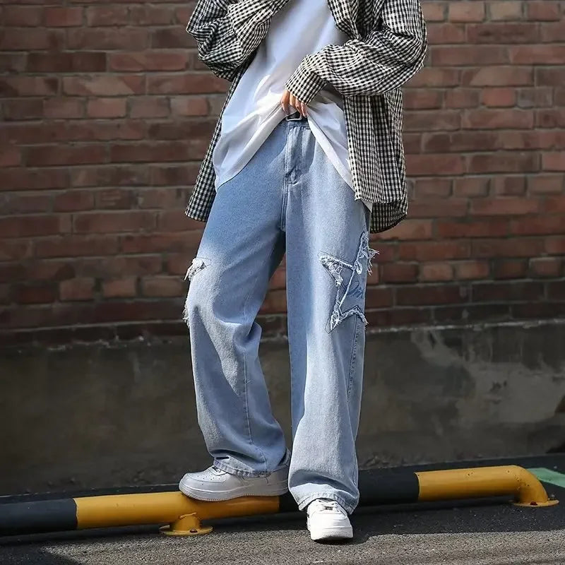 saferido Japanese Men Fashionable Jeans with Patchwork Printing Retro Vintage Washed Water Work Pants Spring Autumn New Style Cargo Pants