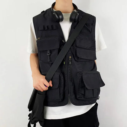 saferido Japanese Harajuku Functional Style Multi-Pocket Vest 2024 Autumn New Mens High-Quality Casual Loose Outdoor Workwear Jacket