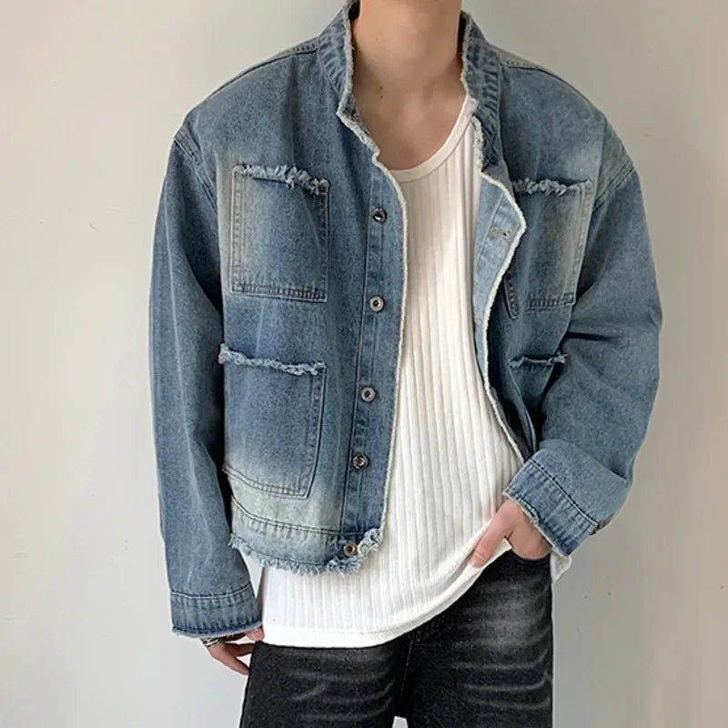 Mens Hip-hop Denim Jacket Gradient Rough Edge Shoulder Pads Cowboy Coat Single Breasted Short Fashion Casual Men Outwear New