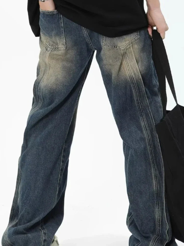 Men Jeans American Style Retro Washed Aesthetic Bleached All-match Daily Stretchy Comfortable Leisure Baggy Denim Pantalones