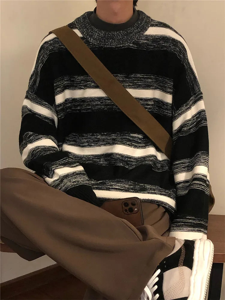 saferido Vintage Striped Men's Knitted Sweater Pullovers Black Distressed Sweaters Male Oversize Japanese Streetwear Hip Hop