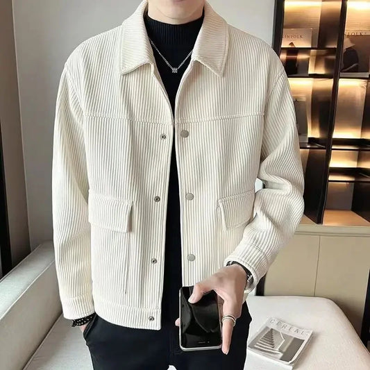 Spring and Autumn Fashion Simple Oversized Polo Pocket Long Sleeve Solid Color Premium Corduroy Men's Jacket Coat