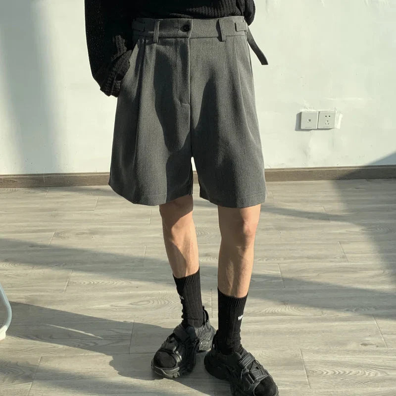 Summer Grey/Black Suit Shorts Men Fashion Society Mens Dress Shorts Korean Style Loose Straight Shorts Mens Casual Shorts M-XL