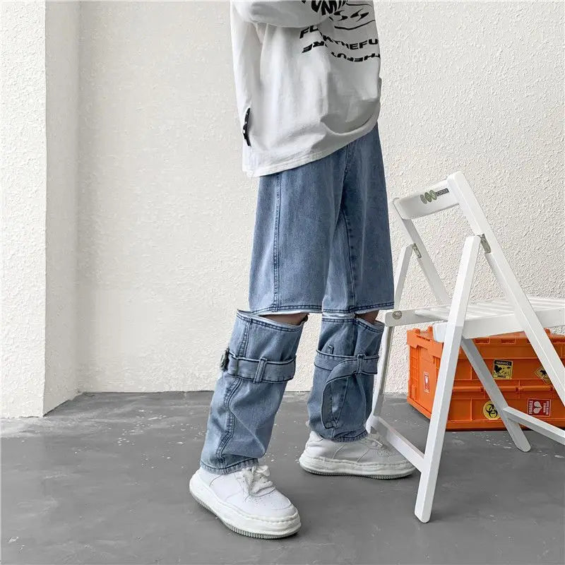 saferido Spring/Summer Fashion Removable Zipper Jeans High Street Retro Relaxed Straight Leg Pants One Pants Two Wear