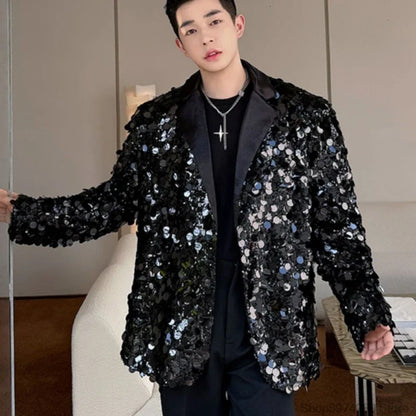 saferido Men's Sequins Blazer Glitters Bling Suit Jacket Singer Stage Shiny Clothing Black Silver Oversize Party Suit Coat Man