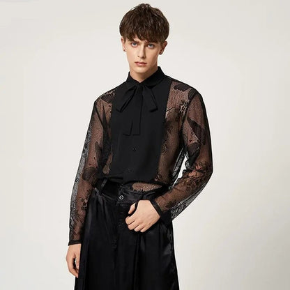 Tops American Style New Men Fashion Solid Ribbon Blouse Male Stitching Butterfly Lace Long Sleeve Thin Shirts S-5XL