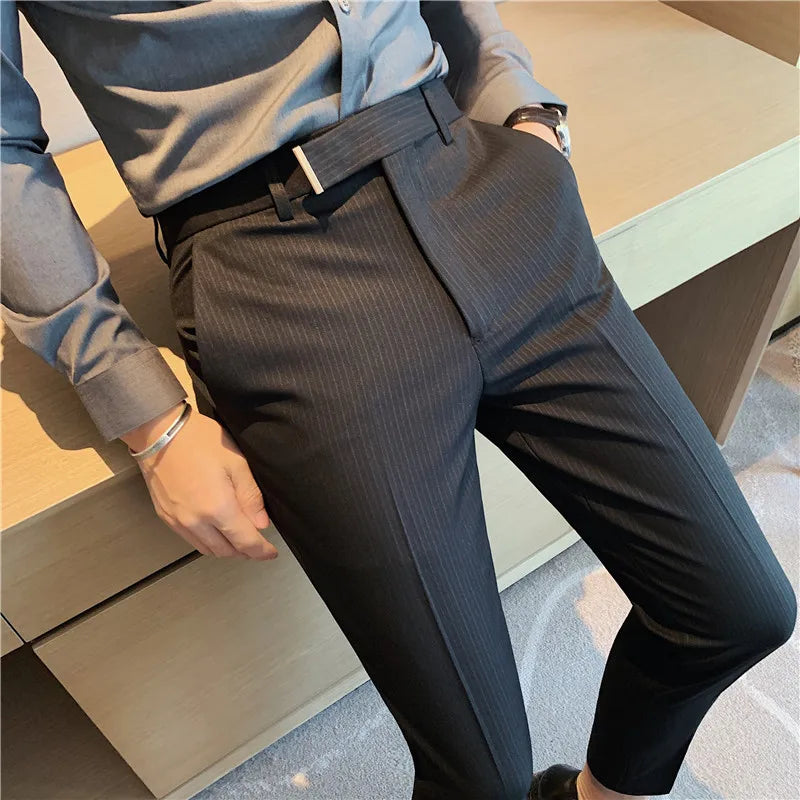 saferido  Autumn Casual Business Men Stripe Pants Fashion Slim Fit Long Trouser For Men's Mid Waist  Design Pants Spring Streetwear