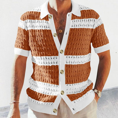 Casual Elegant Contrast Color Knitted Short-sleeved Shirt Men's Summer Slim Single-breasted Color Matching Hollow Lapel Top