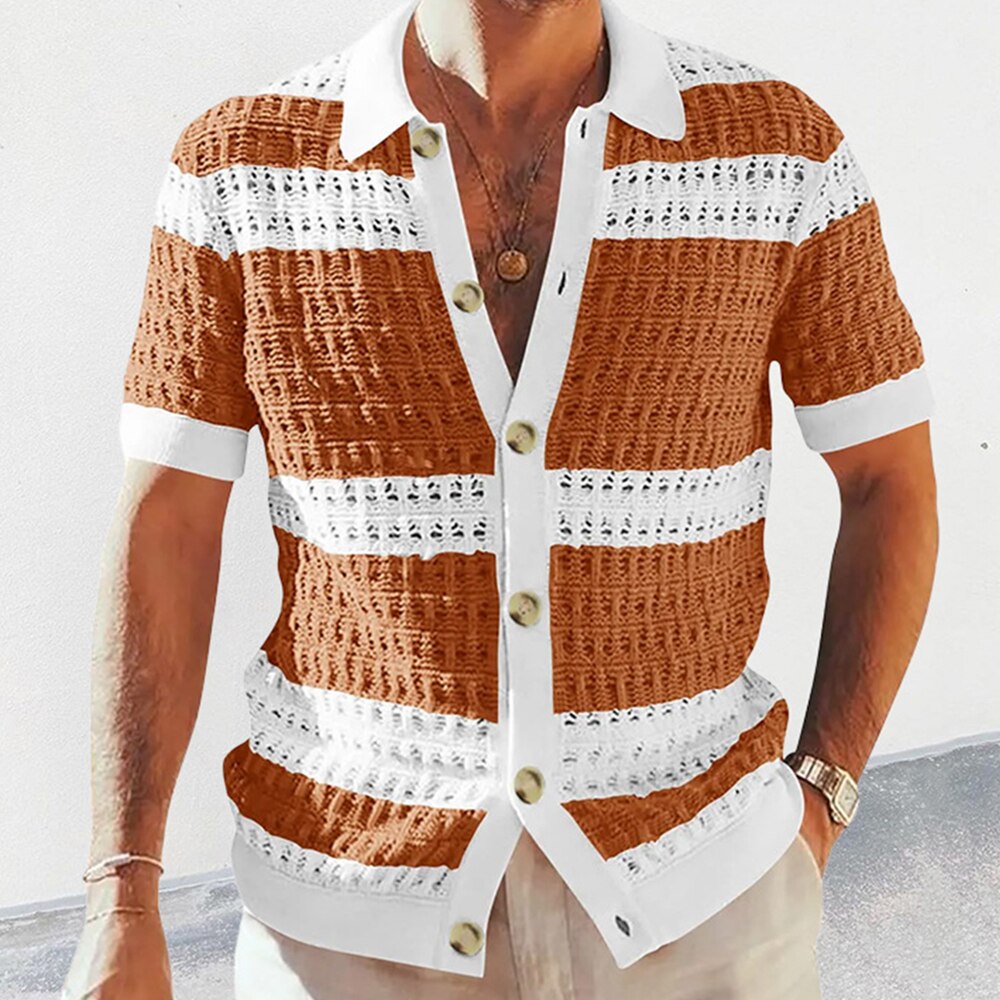 Casual Elegant Contrast Color Knitted Short-sleeved Shirt Men's Summer Slim Single-breasted Color Matching Hollow Lapel Top