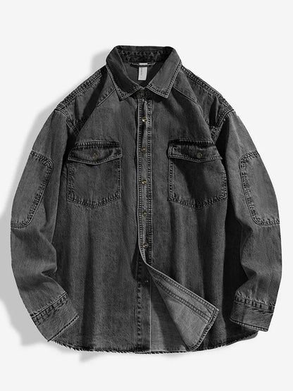 New Denim Cotton Men's Shirt Long Sleeve Black Blue Drop Shoulder Button Pockets Cowboy Loose Casual Work Jeans Shirts