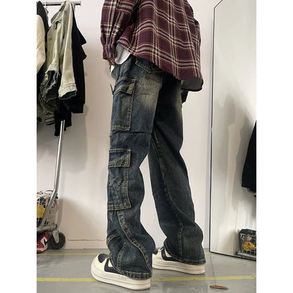 Men's Patchwork Blue Cargo Jeans Unisex Straight Casual Trousers Men Muti-pockets Hip Hop Streetwear 90s Vintage Fashion Pants