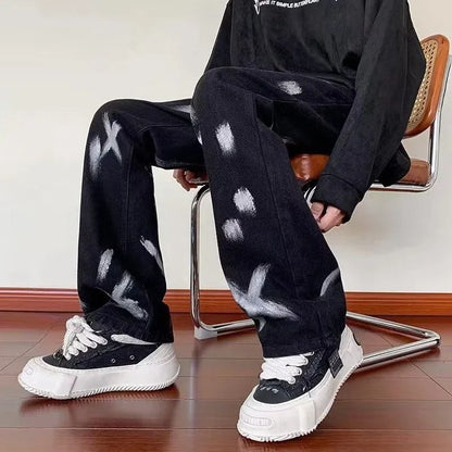 saferido American High Street Vibe Style Pants Trend Black Design Sense Tie Dyed Jeans Men'S Hiphop Straight Pants