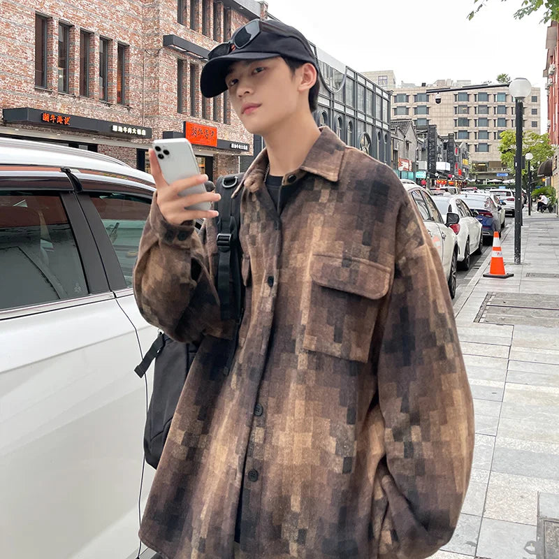 saferido Short Woolen Coat Men Warm Retro Thickened Woolen Jacket Men Streetwear Korean Loose Thick Plaid Woolen Coat Mens Jackets M-2XL